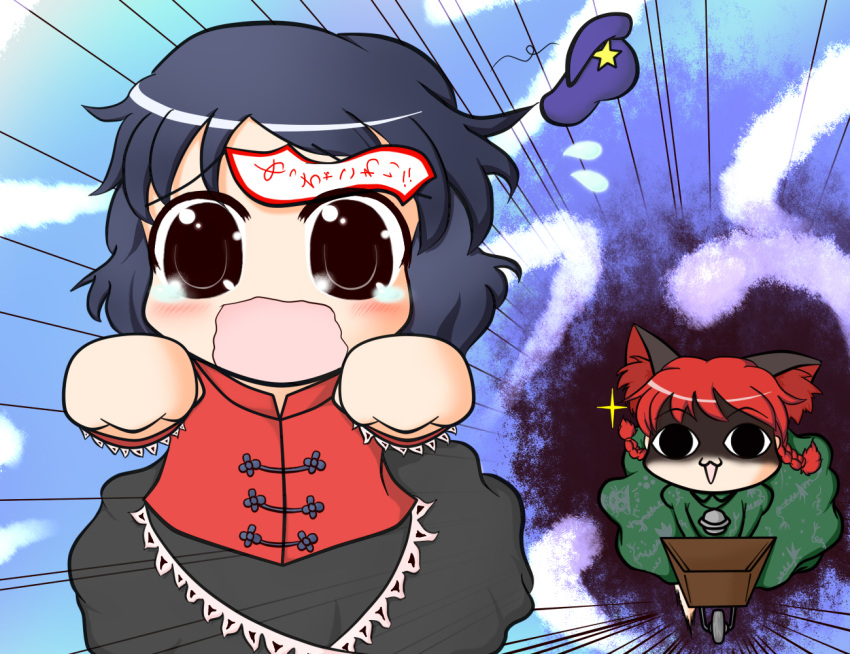 <o><o>, <o>_<o>, :3, animal_ears, beret, black_eyes, blue_hair, blush, braid, cat_ears, chasing, chibi, dress, glint, green_dress, hat, jiangshi, kaenbyou_rin, miyako_yoshika, multiple_girls, ofuda, open_mouth, outstretched_arms, red_hair, redhead, running, shaded_face, shimashima_nezumi, shimashimanezumi, shirt, simasimanezumi, skirt, sparkle, tears, touhou, translated, translation_request, twin_braids, wavy_mouth, wheelbarrow, wide-eyed, wide_eyed, zombie_pose