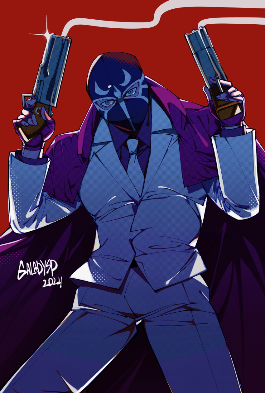 1boy, absurdres, artist_name, blue_eyes, blue_mask, blue_shirt, cloak, collared_shirt