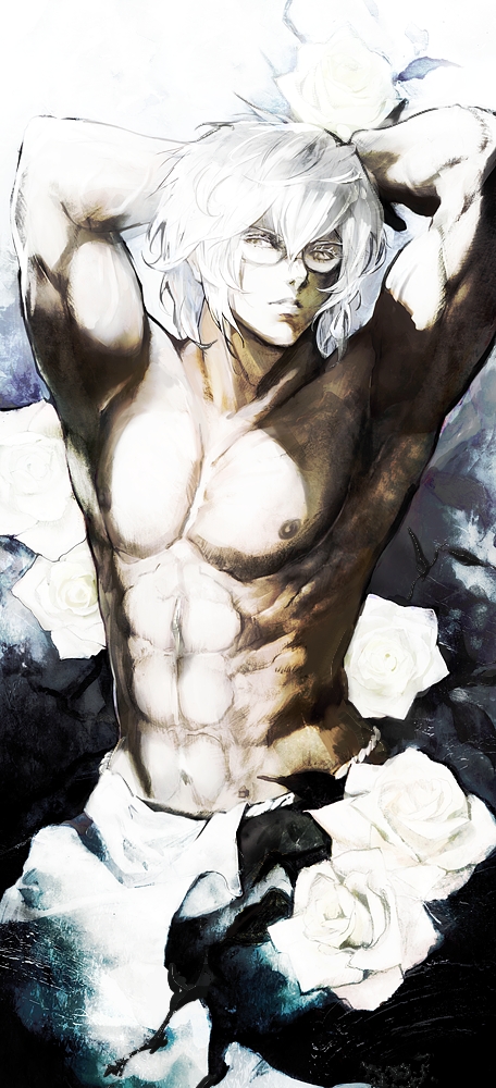 abs, armpits, arms_behind_head, banpai_akira, bust, flower, fundoshi, glasses