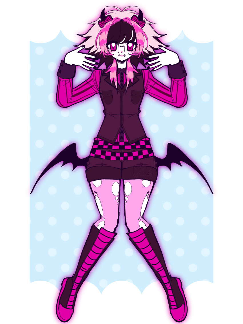 :3, absurdres, adoptable, angelbite_(piercing), belt, boots, bow, demon_horns