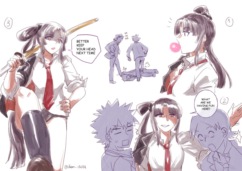 chewing_gum, cloak, collared_shirt, english_text, fate_(series), hair_bun, kicking, long_hair