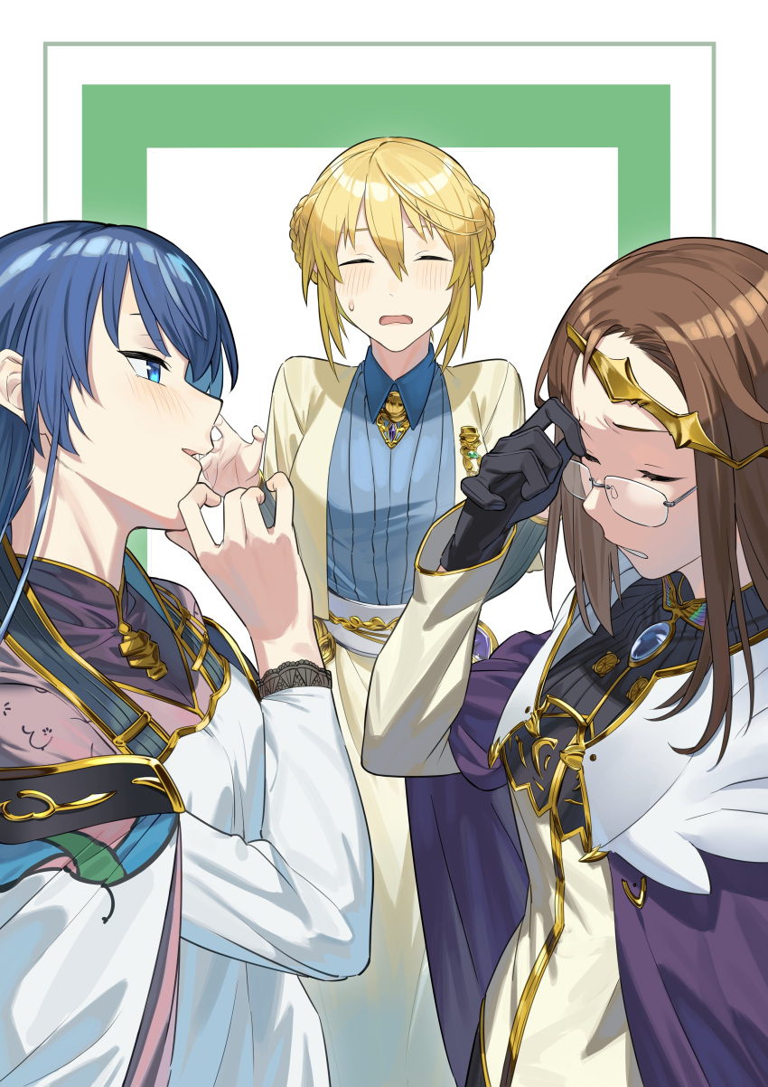 3girls, absurdres, black_gloves, blonde_hair, blue_eyes, blue_hair, blue_sweater, braid