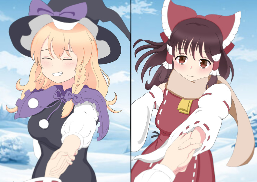 2girls, ascot, black_hat, blonde_hair, blush, bow, braid, brown_hair