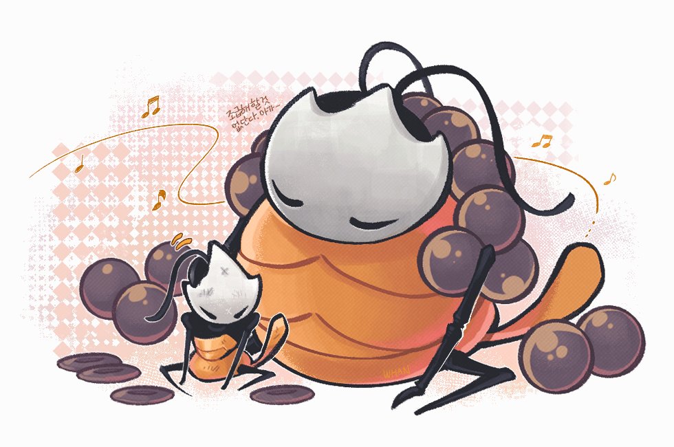 2girls, aged_down, antennae, arthropod_girl, child, closed_eyes, commentary_request, fat, hk_wjan, hollow_knight, hollow_knight:_silksong, joints, korean_commentary, korean_text, multiple_girls, musical_note, shakra's_master_(hollow_knight), shakra_(hollow_knight), sitting, translation_request, white_background