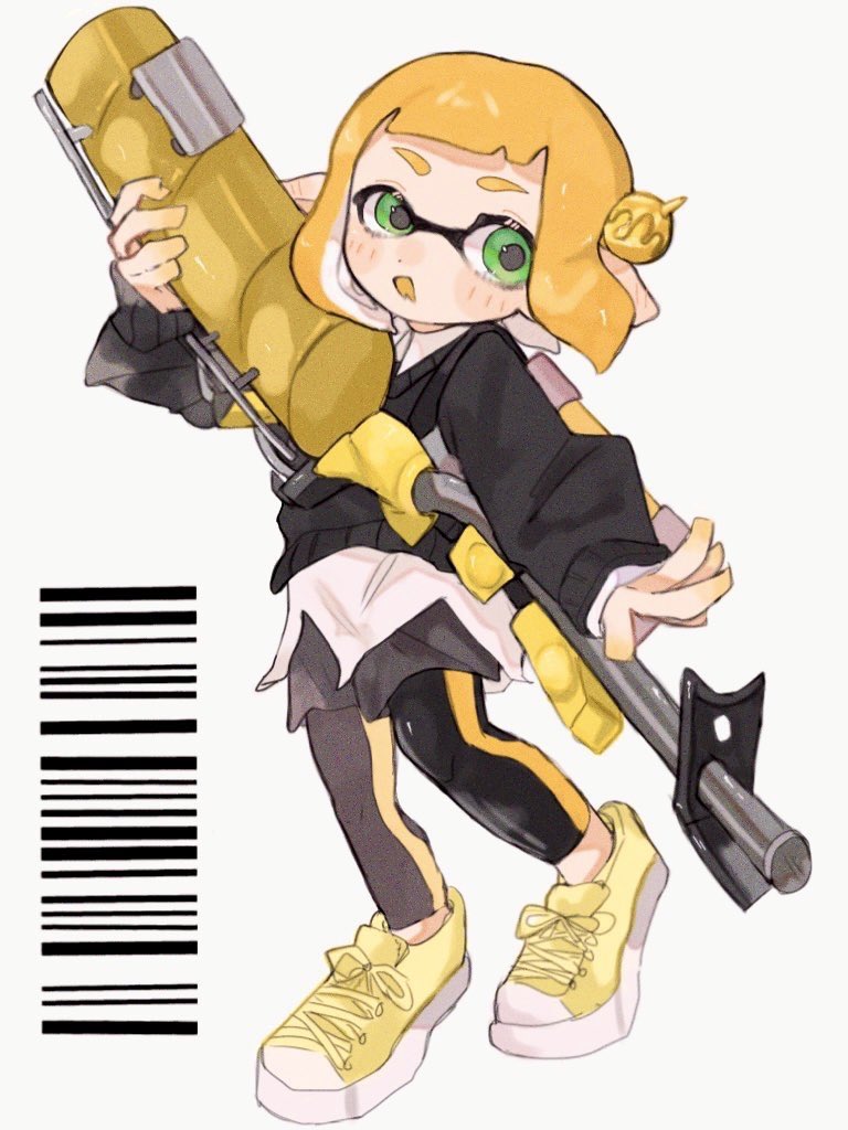 1girl, barcode, black_jacket, black_leggings, blonde_hair, commentary_request, e-liter_4k_(splatoon), full_body