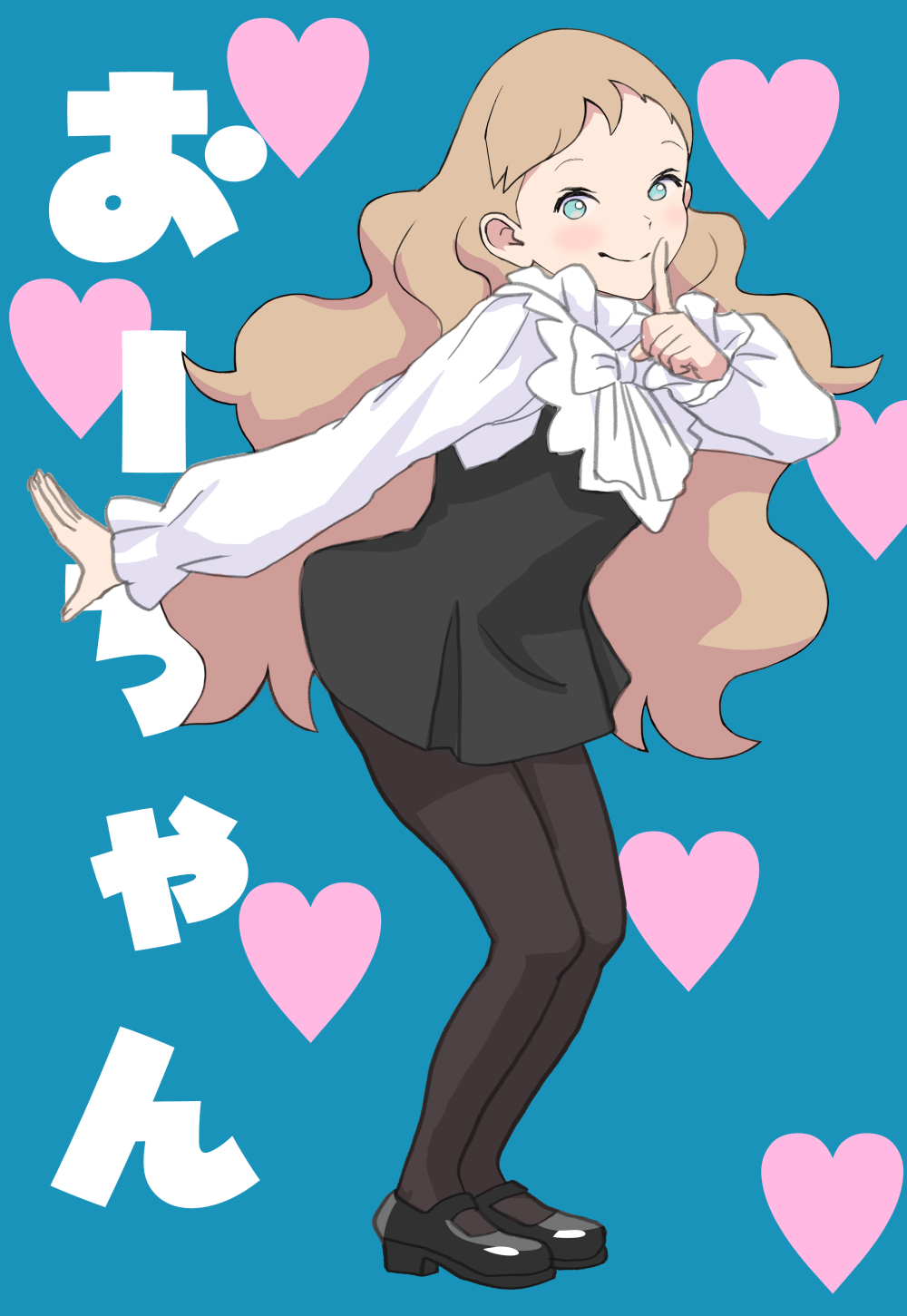 1girl, aurore_(takatou_sora), black_pantyhose, black_shoes, blue_background, blue_eyes, bow, brown_hair