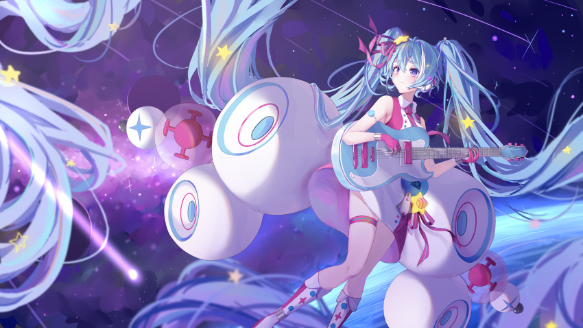 1girl, absurdly_long_hair, absurdres, aqua_hair, aqua_ribbon, belt, blush, boots