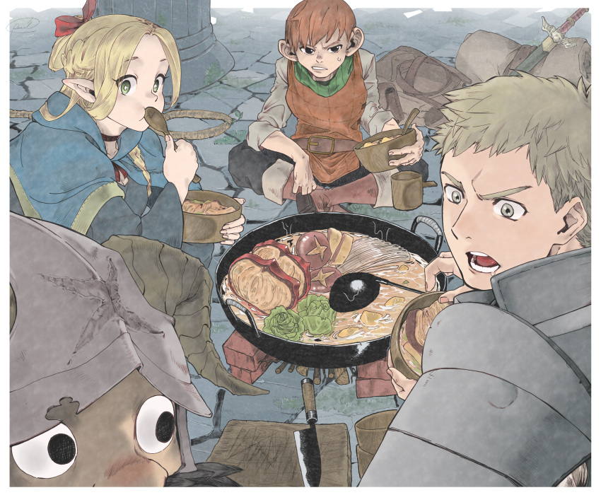 1girl, 3boys, absurdres, ambrosia_(dungeon_meshi), armor, black_eyes, blonde_hair, blue_capelet