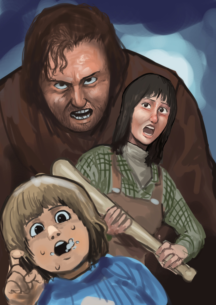 1girl, 2boys, absurdres, baseball_bat, beard_stubble, black_hair, blonde_hair, brown_hair