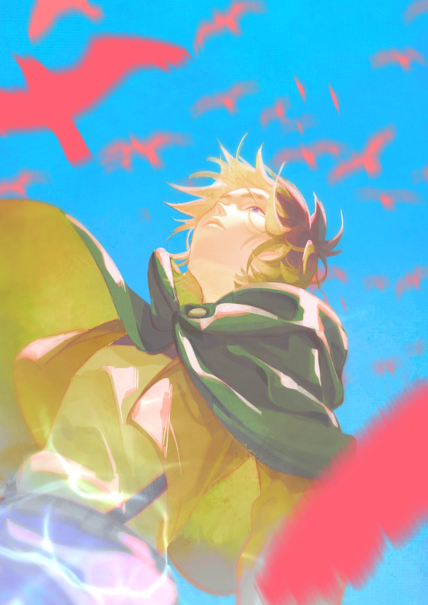 1boy, bird, blue_sky, brown_hair, brown_jacket, cloak, cropped_jacket, eren_yeager