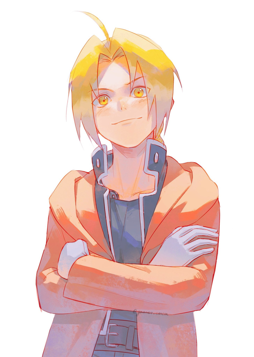 1boy, ahoge, automail, belt_buckle, black_jacket, black_shirt, blonde_hair, braid