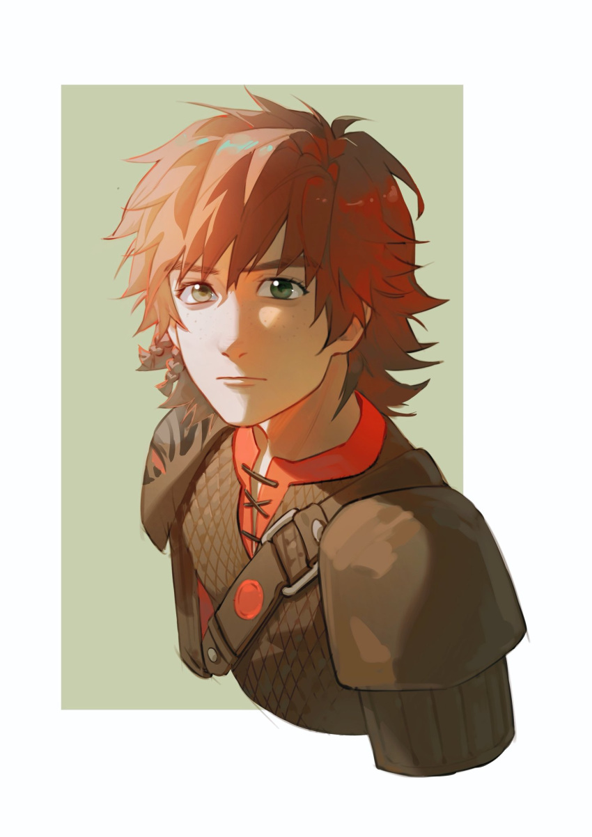1boy, armor, border, brown_hair, chainmail, closed_mouth, cropped_torso, freckles