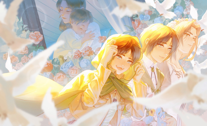 1boy, 1girl, absurdres, age_progression, bird, blue_flower, blurry, blurry_foreground, bolo_tie, brown_hair, brown_jacket, carla_yeager, child, cloak, closed_eyes, closed_mouth, cropped_jacket, eren_yeager, flower, green_cloak, green_jacket, guaner_cancan, head_wreath, highres, hug, jacket, long_hair, medium_hair, military_jacket, military_uniform, mother_and_child, mother_and_son, multiple_views, open_mouth, paradis_military_uniform, parent_and_child, parted_bangs, parted_lips, pink_flower, shingeki_no_kyojin, shirt, short_hair, smile, upper_body, white_bird, white_shirt