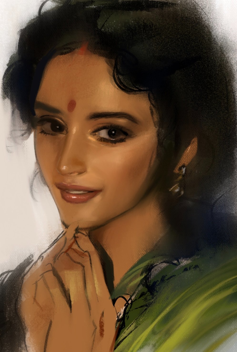 1girl, asian_indian_clothes, bindi, black_hair, dark_skin, earrings, eyeshadow, guadu54072