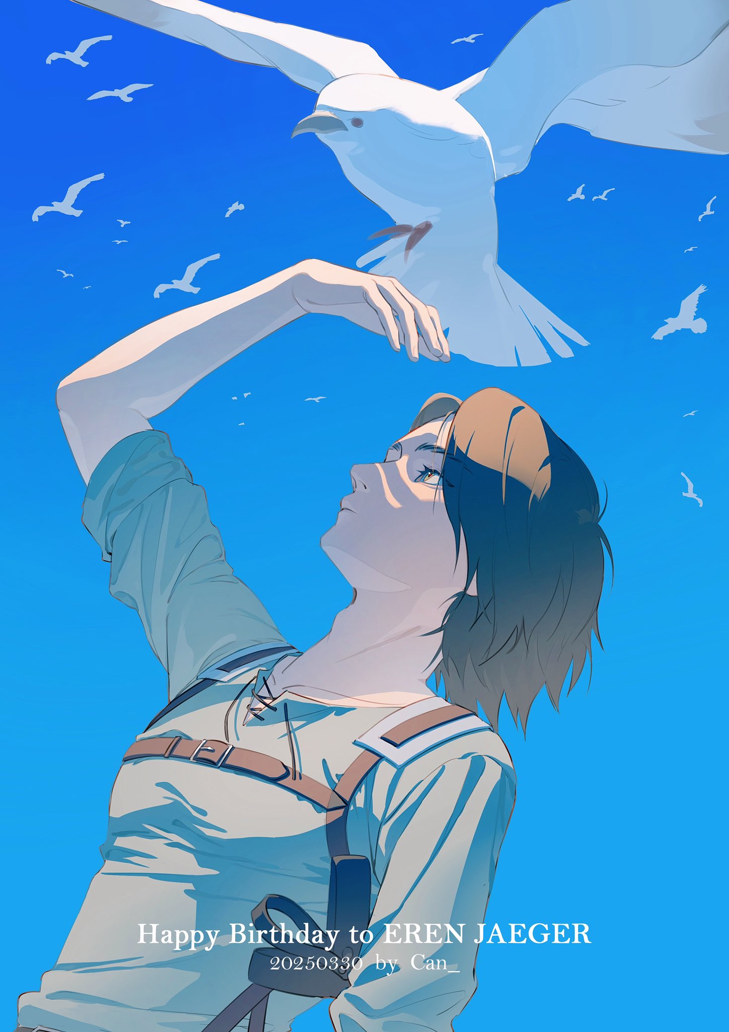 1boy, artist_name, bird, bird_on_hand, blue_sky, brown_hair, character_name, closed_mouth
