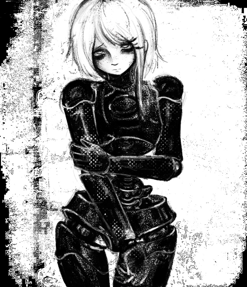 1girl, android, bags_under_eyes, ben-day_dots, blame!, closed_mouth, cowboy_shot, crossover