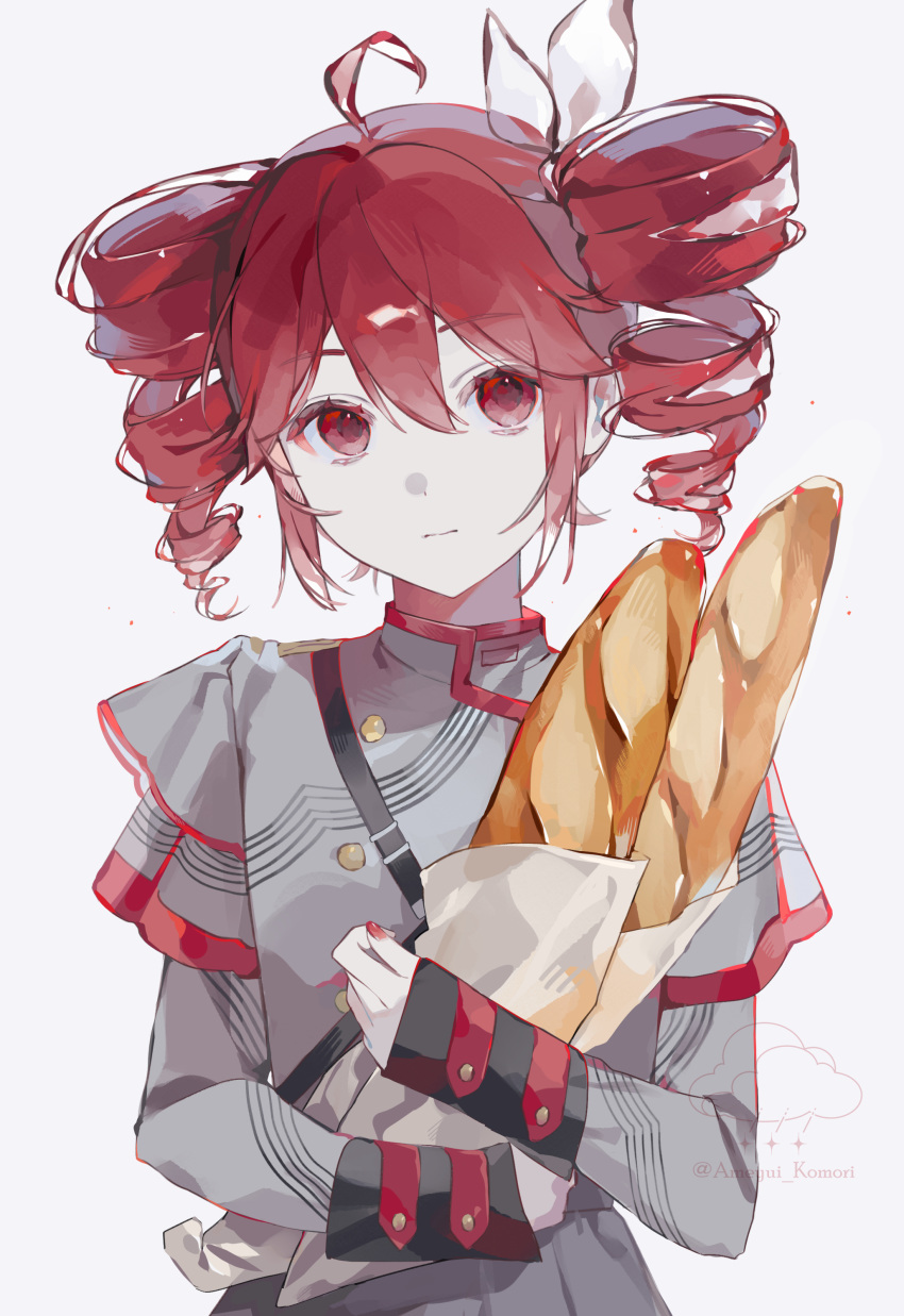 1girl, :|, absurdres, ahoge, ameyui_komori, baguette, bow, bread