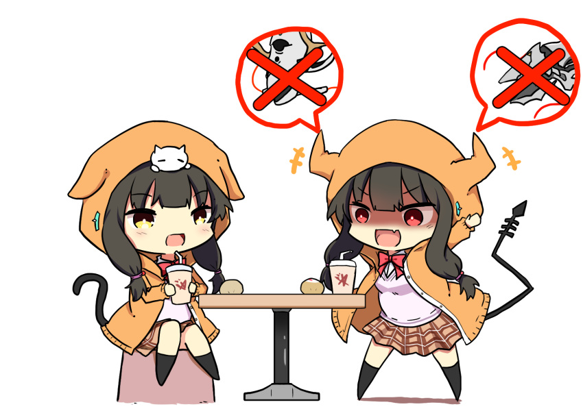 2girls, asakura_karen_(heaven_burns_red), black_hair, bow, bowtie, cancer_(heaven_burns_red), cat_tail, cup