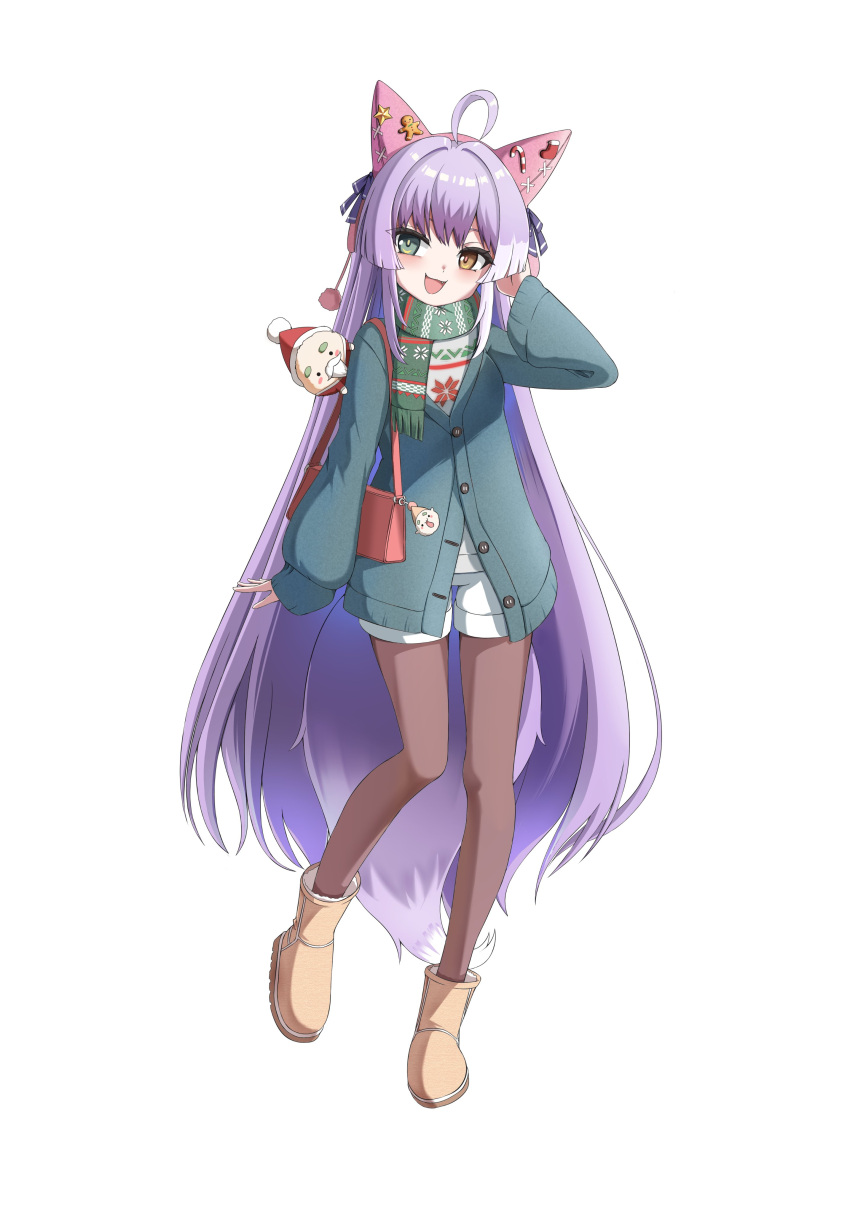 1girl, absurdres, ahoge, animal_ears, blue_ribbon, boots, brown_pantyhose, candy_cane_ornament