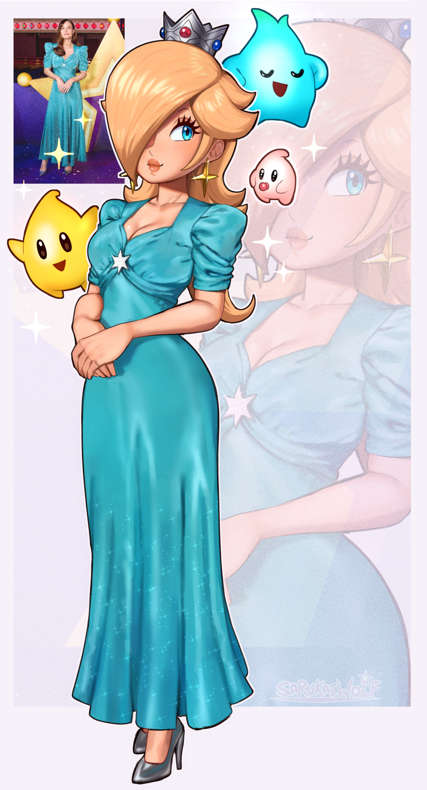 1girl, absurdres, blonde_hair, blue_eyes, breasts, brie_larson, commentary, crown, dress, earrings, english_commentary, hair_over_one_eye, highres, jewelry, long_hair, luma_(mario), real_life_insert, rosalina, sarukaiwolf, short_sleeves, smile, star_(symbol), star_earrings, super_mario_bros., the_super_mario_galaxy_movie, voice_actor_connection