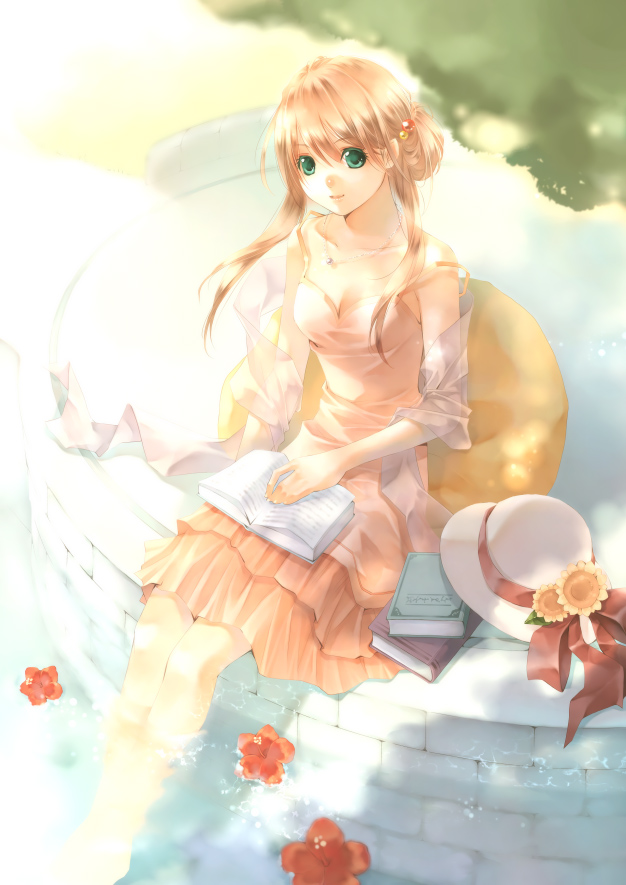 1girl, book, brown_hair, collarbone, dress, flower, green_eyes, hat