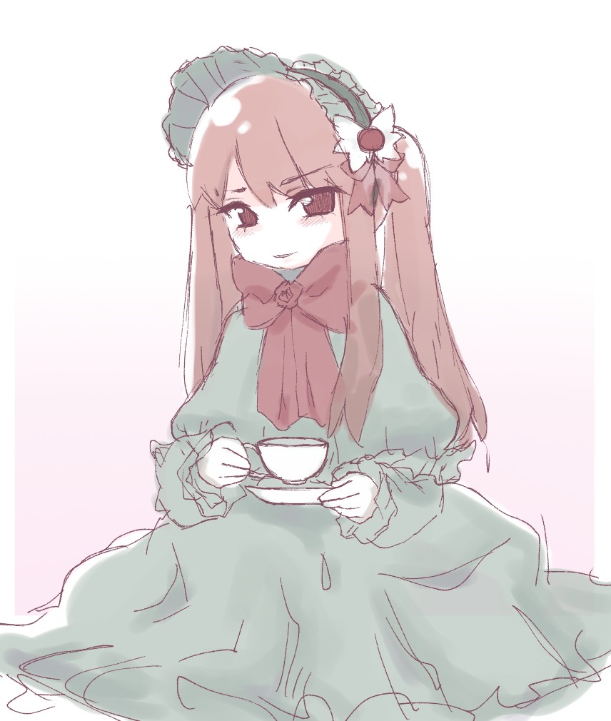 1girl, alternate_hairstyle, border, bow, brown_eyes, brown_hair, coffee_mug, cup
