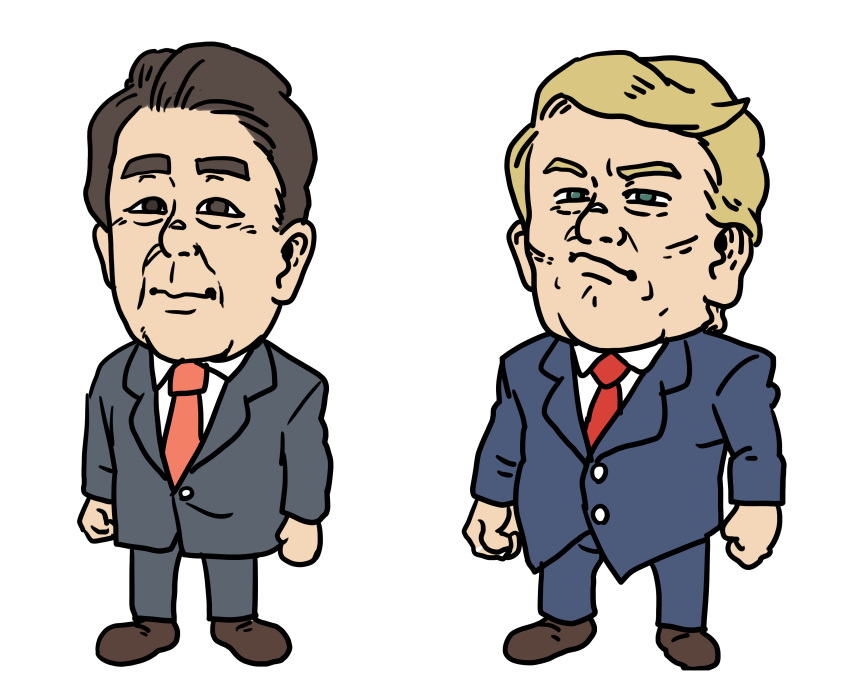 2boys, abe_shinzou, absurdres, blonde_hair, blue_eyes, blue_jacket, blue_pants, brown_eyes