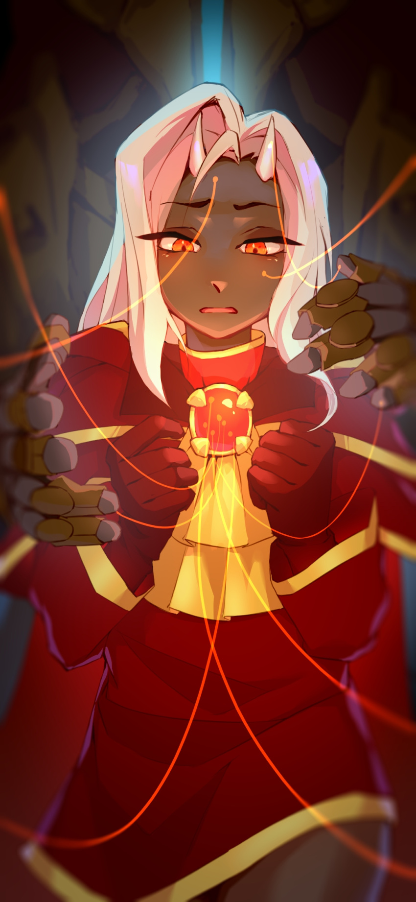 1boy, 1girl, armor, bilibilijnylgj, calamitas, calamity_(terraria_mod), colored_skin, commentary_request