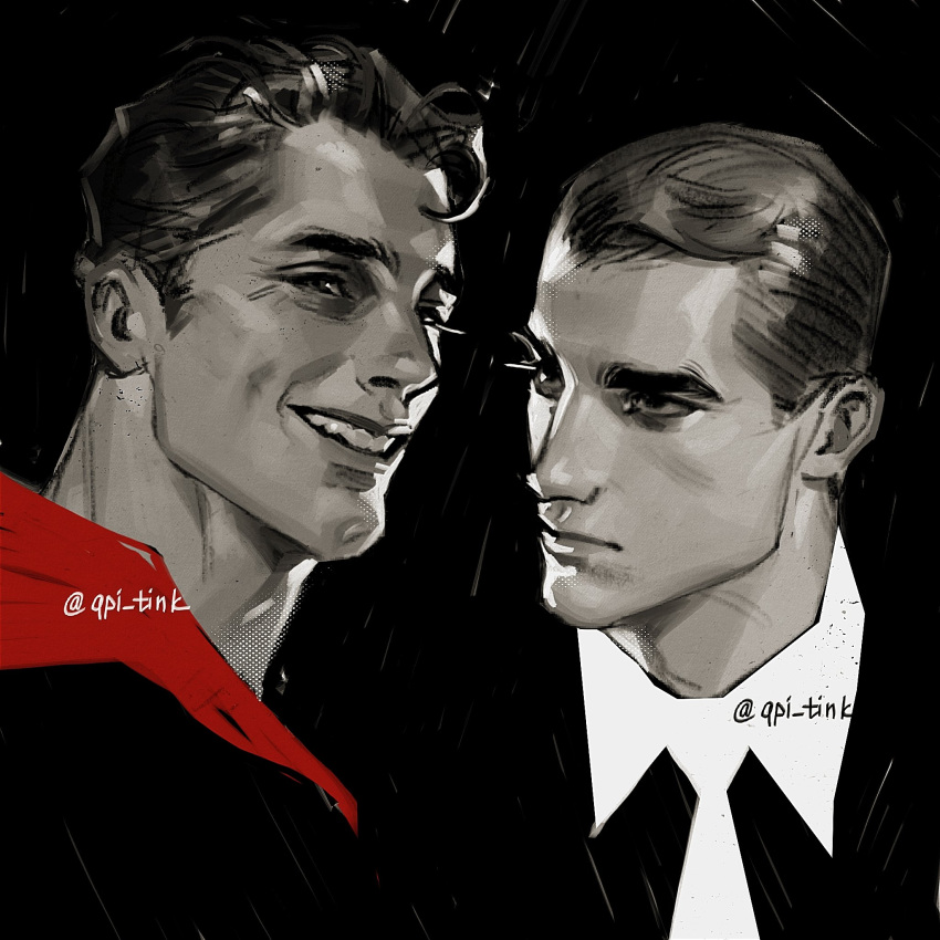 2boys, batman_(series), black_background, bruce_wayne, cape, clark_kent, closed_mouth, collared_shirt, commentary, dc_comics, highres, male_focus, multiple_boys, necktie, qpi_tink, red_cape, shirt, short_sideburns, sideburns, smile, superman, superman_(series), teeth, thick_eyebrows, twitter_username, wing_collar