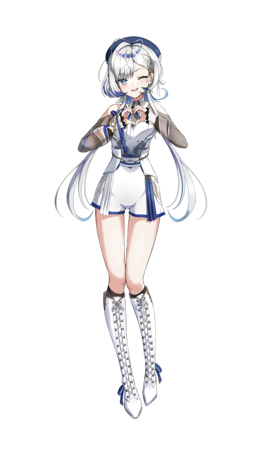 1girl, absurdres, antenna_hair, beret, black_socks, blue_eyes, blue_hair, blue_hat