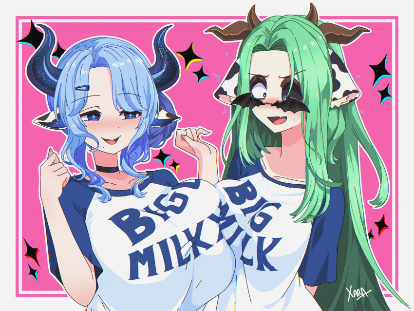 2girls, absurdres, animal_ears, animal_print, blue_eyes, blue_horns, blue_pupils, blush