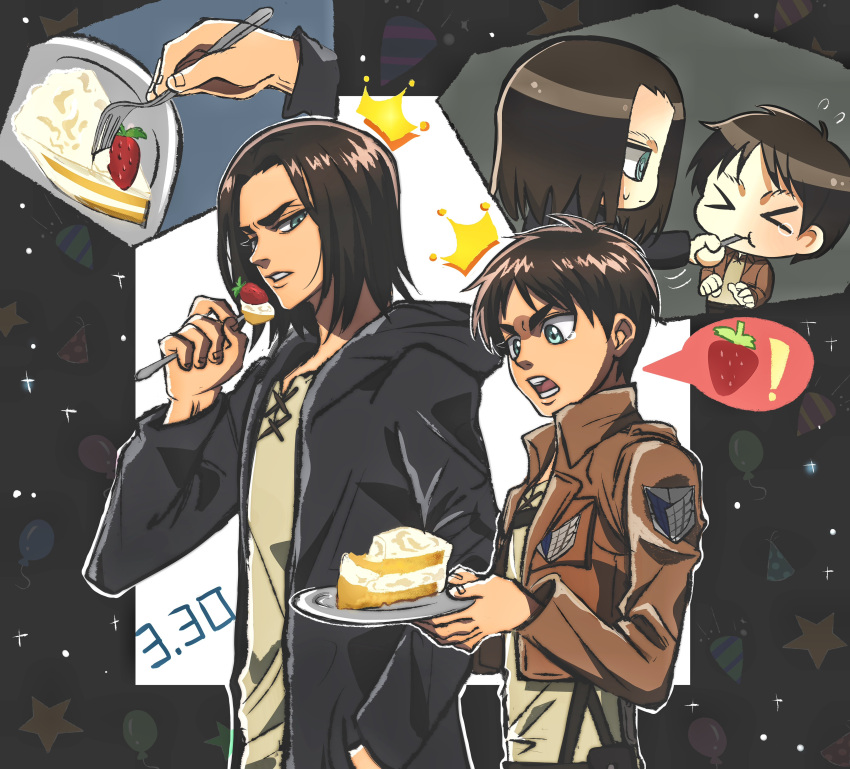 >_<, 2boys, absurdres, age_comparison, birthday_cake, black_jacket, brown_hair, brown_jacket