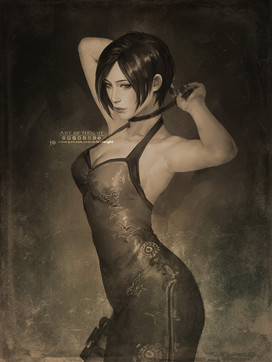 1girl, ada_wong, armpits, art_of_neight, artist_name, bare_arms, bare_shoulders, breasts