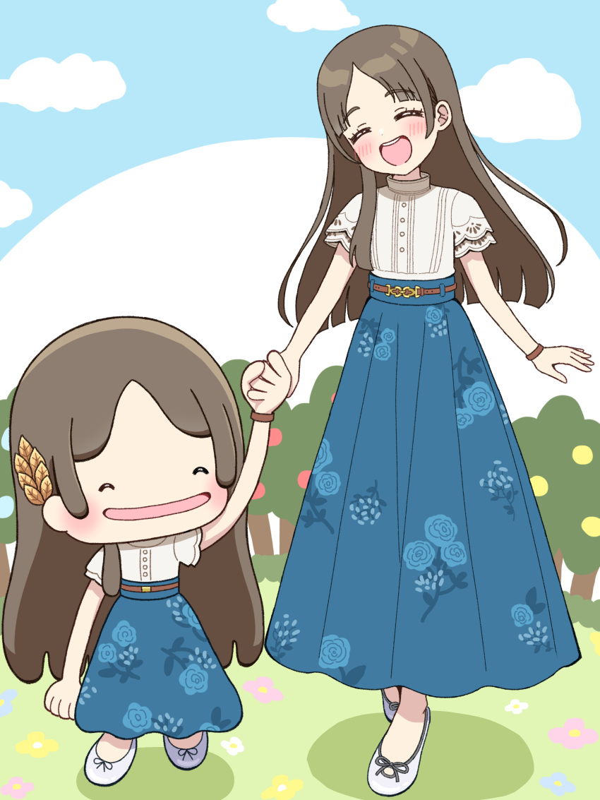 2girls, ^_^, absurdres, aqua_skirt, blunt_ends, blush, brown_hair, closed_eyes