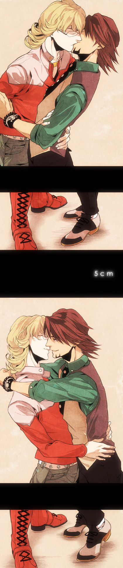 glasses, highres, hug, incipient_kiss, jacket, jewelry, kaburagi_t_kotetsu, kiss