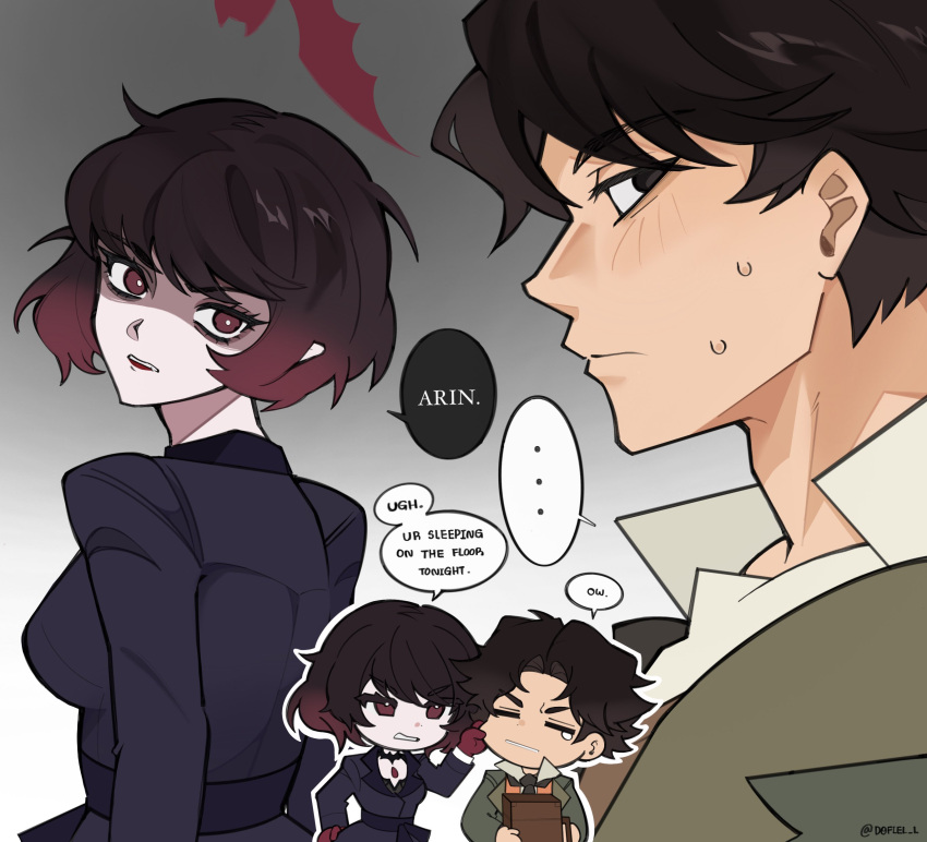 1girl, absurdres, black_hair, bob_cut, bow, bowtie, cheek_pinching, chibi, deadlock_(game), dofiel_l, english_text, glaring, gloves, highres, jacket, mina_(deadlock), nervous_sweating, pinching, pocket_(deadlock), red_eyes, red_gloves, short_hair, speech_bubble, suit, sweat, vampire