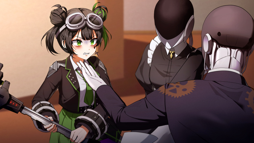 1boy, 2girls, absurdres, apron, black_dress, black_hair, black_jacket, blush