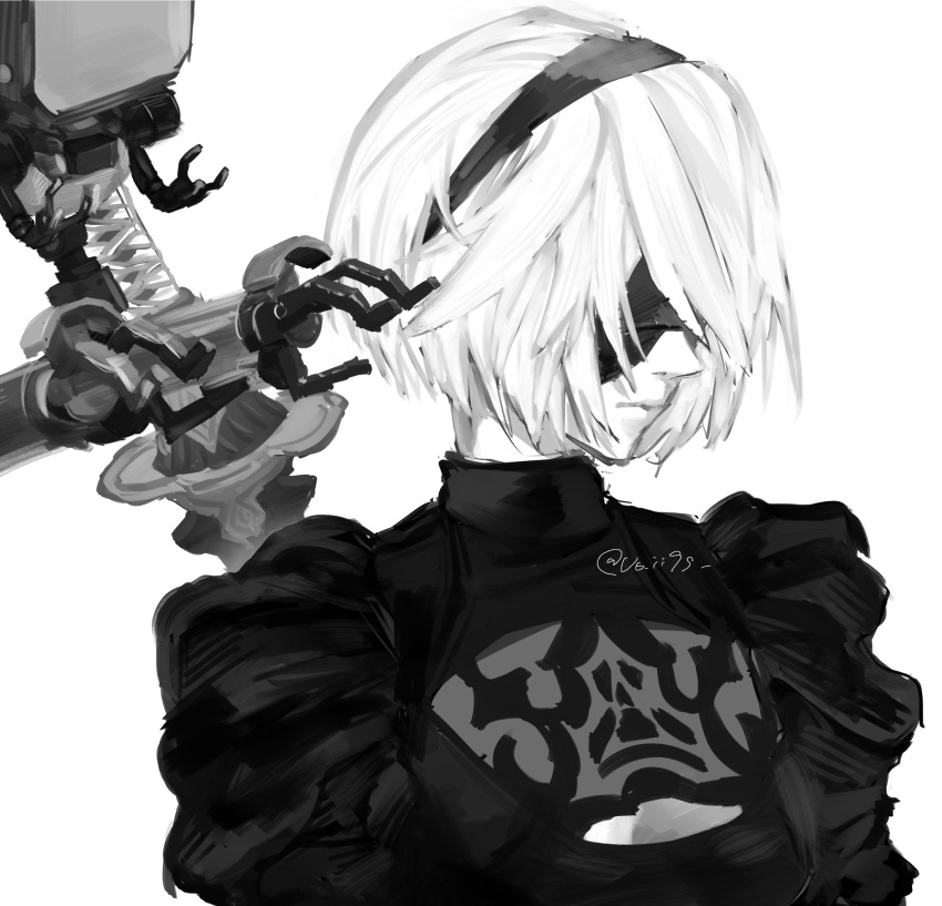 1girl, 2b_(nier:automata), artist_name, black_hairband, blindfold, clothing_cutout, covered_eyes, hairband, highres, mole, mole_under_mouth, monochrome, nier:automata, nier_(series), pod_(nier:automata), portrait, short_hair, solo, sword, uo_ii9s, weapon, white_hair