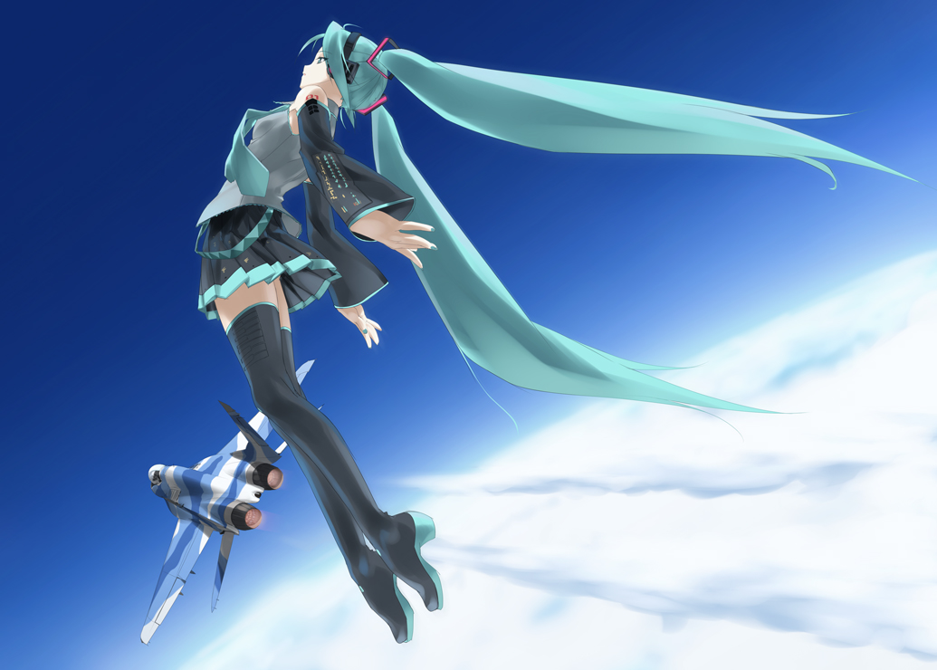 airplane, flat_chest, flying, hatsune_miku, jet, long_hair, mig-29, necktie
