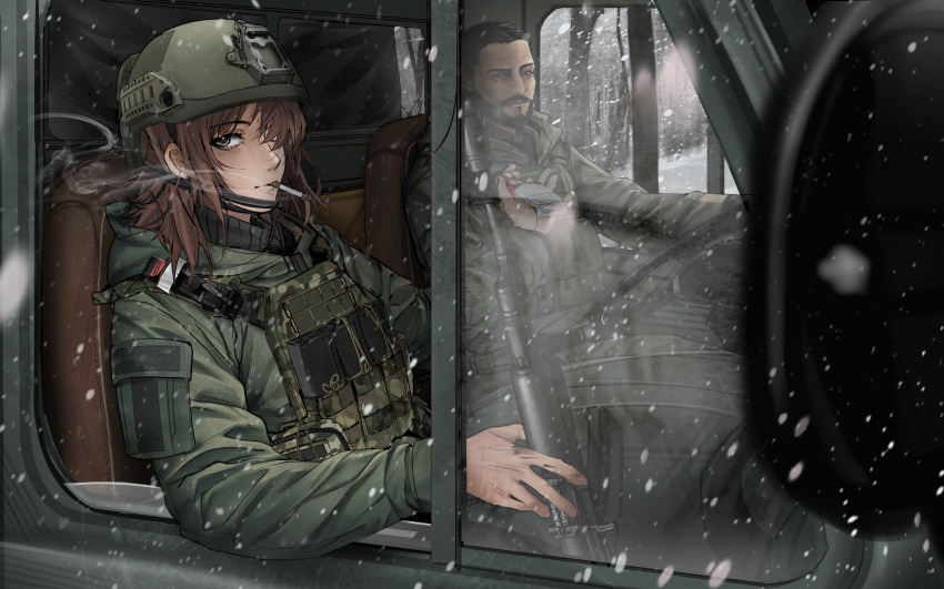 1boy, 1girl, absurdres, ak-74m, ammunition_pouch, arm_pouch, assault_rifle, ayou_(aukuamani)