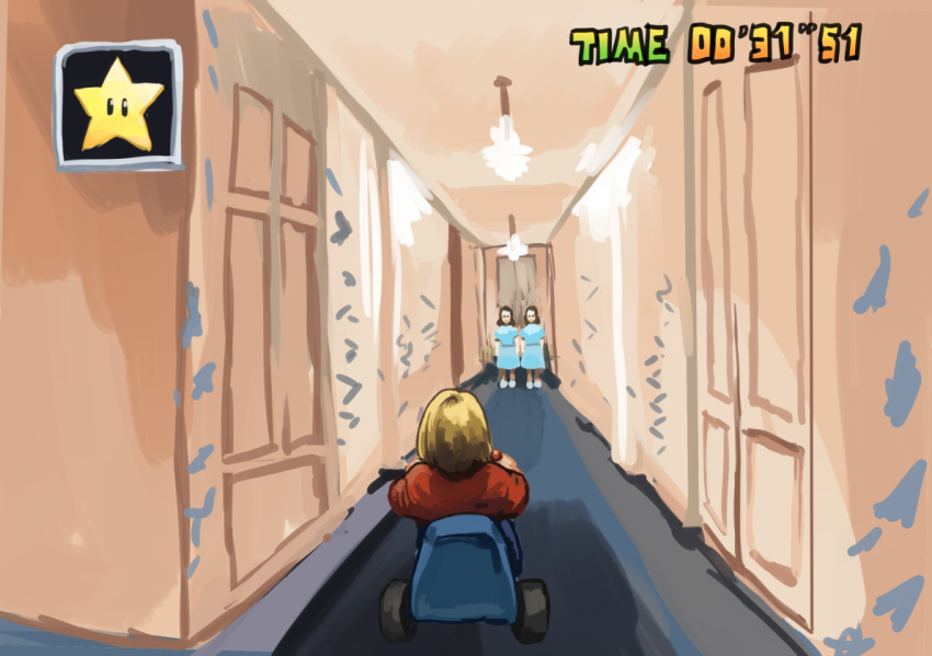 1boy, 2girls, blonde_hair, chanta_(ayatakaoisii), danny_torrance, gameplay_mechanics, grady_sisters_(the_shining), hallway