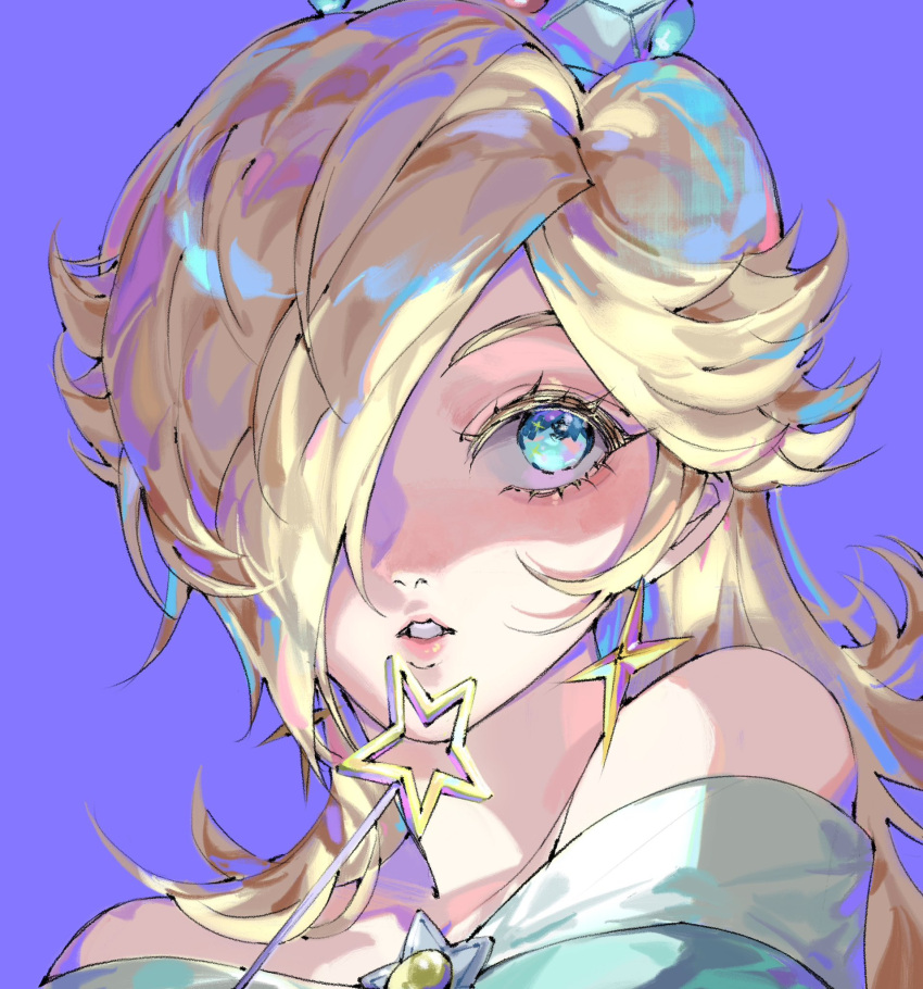 1girl, bare_shoulders, blonde_hair, blue_dress, blue_eyes, brooch, colored_eyelashes, commentary