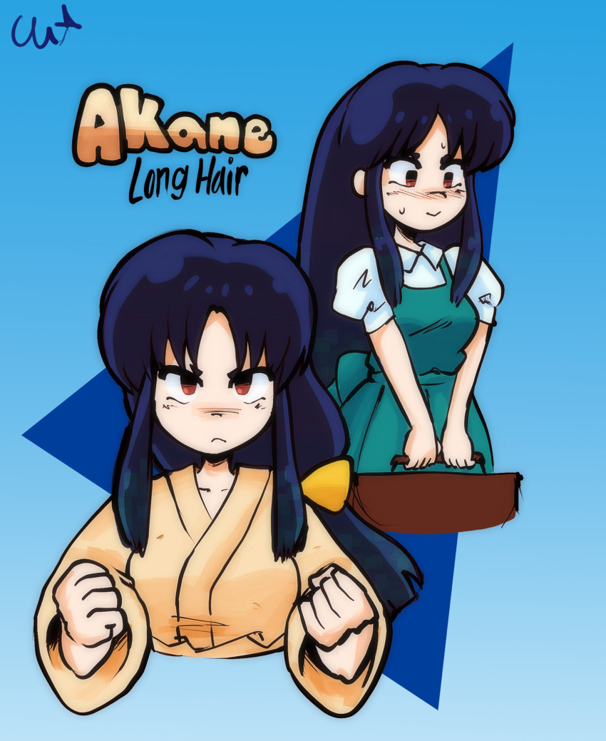 1girl, bag, blue_background, blue_dress, blue_hair, blush, brown_eyes, character_name