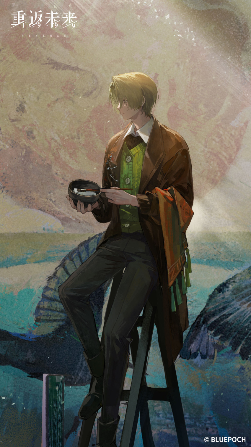 1boy, absurdres, bird, black_pants, black_shoes, blonde_hair, bowl, brown_coat