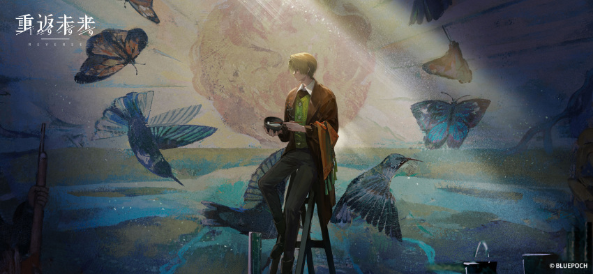 1boy, bird, black_pants, black_shoes, blonde_hair, bowl, brown_coat, brown_eyes