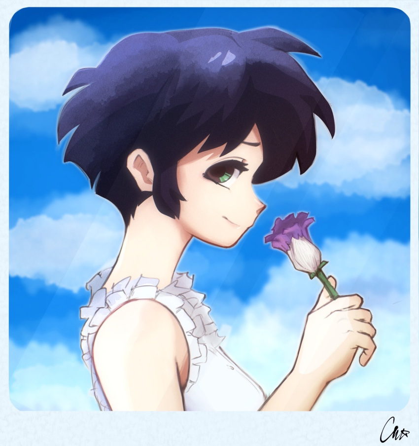 1girl, blue_hair, blue_sky, brown_eyes, closed_mouth, english_commentary, flower, from_side