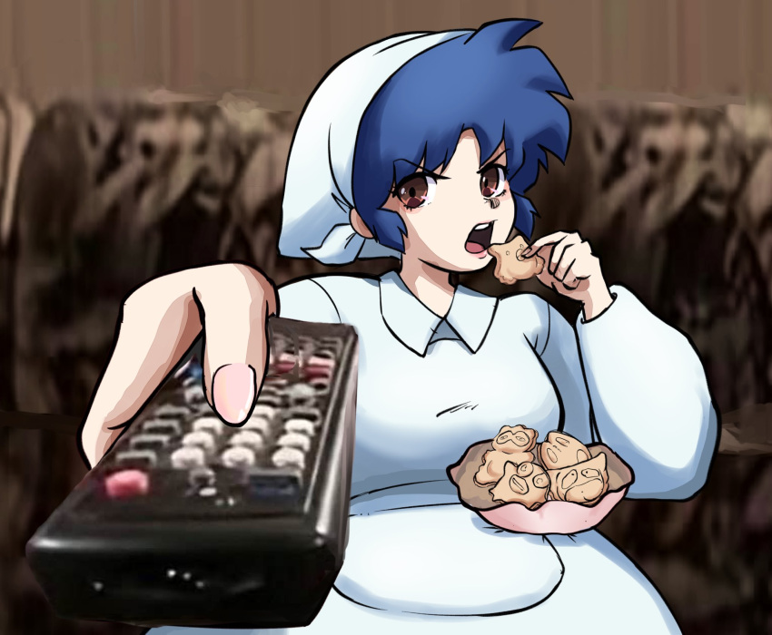 1girl, bandana, blue_hair, bowl, brown_eyes, controller, cookie, dress