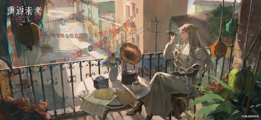 1girl, balcony, binoculars, boots, box, building, chair, copyright_name