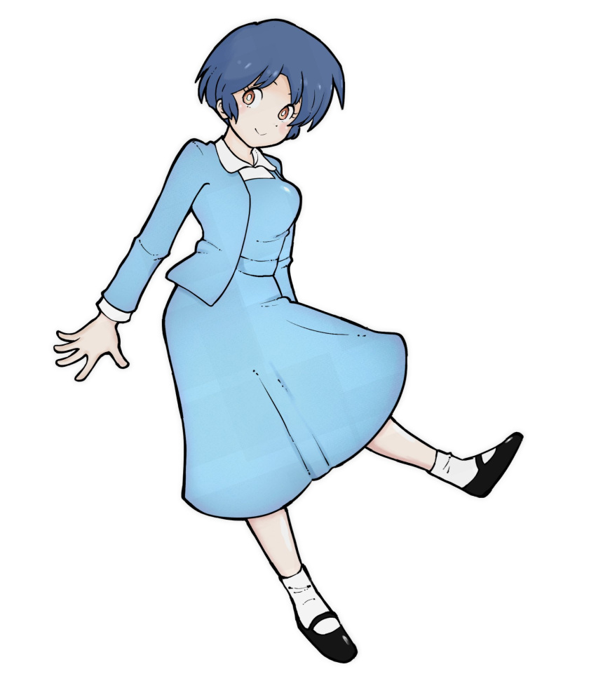 1girl, black_shoes, blue_dress, blue_hair, brown_eyes, closed_mouth, dress, english_commentary