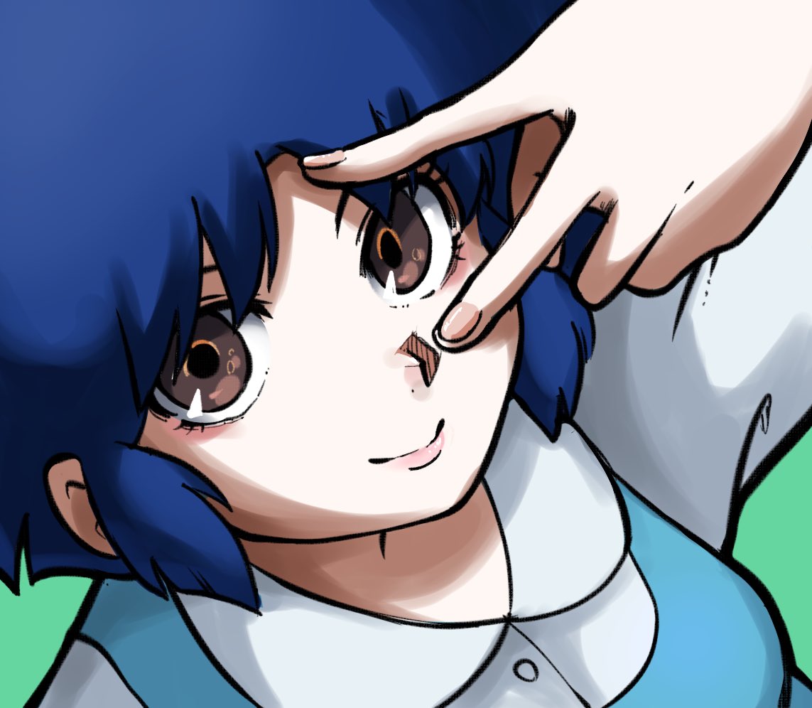 1girl, blue_hair, brown_eyes, closed_mouth, english_commentary, fingernails, green_background, mychi_drawings